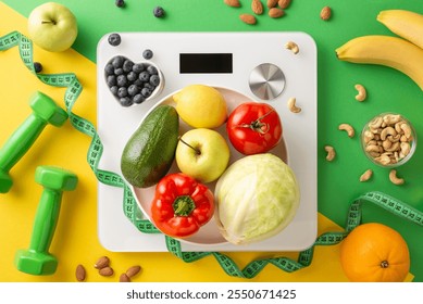 A variety of fresh fruits and vegetables arranged on a digital scale, symbolizing a healthy lifestyle and balanced diet, with fitness equipment and nuts in the background - Powered by Shutterstock