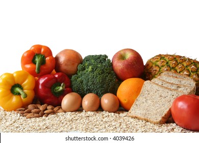 Variety Of Fresh Healthy Foods, Fruits, Vegetables, Whole Grains And Dairy.