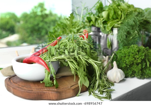 Variety Fresh Herbs On Windowsill Stock Photo Edit Now 698956747