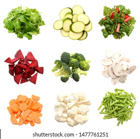 Variety Of Fresh Vegetables Chopped Top Down, Isolated White Background