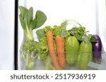 variety of fresh vegetables neatly stored in the crisper drawer of a refrigerator. There are two vibrant orange carrots, leafy green bok choy, a head of broccoli, two chayotes, lettuce and a eggplant.