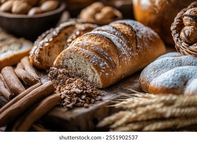 A variety of freshly baked breads, nuts, and wheat stalks on a rustic wooden surface. - Powered by Shutterstock