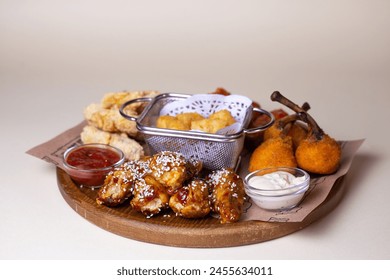 A variety of fried chicken wings, potato balls, and cheese sticks with dipping sauces on a wooden platter. - Powered by Shutterstock