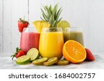 Variety of fruit smoothies, with their ingredients.
