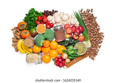 Variety Of Fruits, Vegetables, Grains, Nuts And Legumes Isolated Over White. Clipping Path At 400%