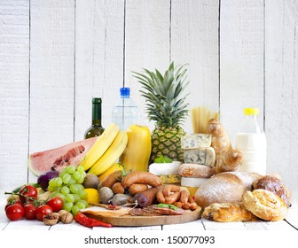 Variety Of Grocery Products Fruits Vegetables Meat Cheese And Bread