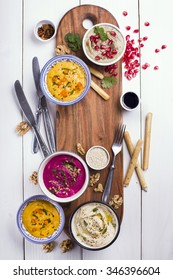 Variety Of Healthy Dips With Different Add-ins, Shot From Above