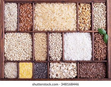 Variety Of Healthy Grains And Seeds In A Wooden Box