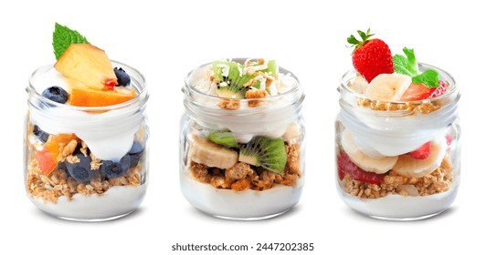 Variety of healthy greek yogurt and fruit parfaits in mason jars isolated on a white background. Peach blueberry, kiwi banana and strawberry banana. - Powered by Shutterstock