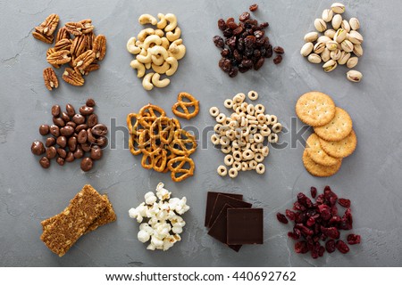 Variety of healthy snacks overhead shot laying on the table