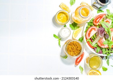 Variety Of Homemade Salad Dressings. Set Of Various Salad Sauces, Oil, Vinaigrette, Mustard, Mayonnaise, Ranch, Balsamic, Soy, Yogurt Dressings