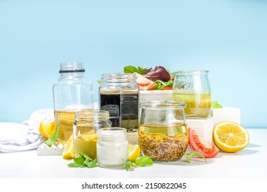 Variety Of Homemade Salad Dressings. Set Of Various Salad Sauces, Oil, Vinaigrette, Mustard, Mayonnaise, Ranch, Balsamic, Soy, Yogurt Dressings