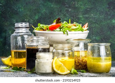 Variety Of Homemade Salad Dressings. Set Of Various Salad Sauces, Oil, Vinaigrette, Mustard, Mayonnaise, Ranch, Balsamic, Soy, Yogurt Dressings