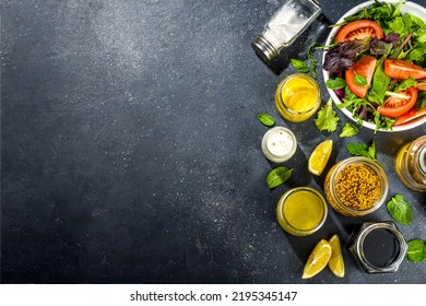 Variety Of Homemade Salad Dressings. Set Of Various Salad Sauces, Oil, Vinaigrette, Mustard, Mayonnaise, Ranch, Balsamic, Soy, Yogurt Dressings