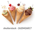 Variety of ice cream flavors in cones arranged aesthetically against a white background, perfect for summer branding."