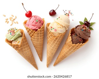 Variety of ice cream flavors in cones arranged aesthetically against a white background, perfect for summer branding.