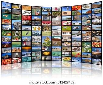 A Variety Of Images As A Big Video Wall Of The TV Screen