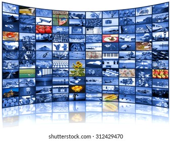 A Variety Of Images As A Big Video Wall Of The TV Screen