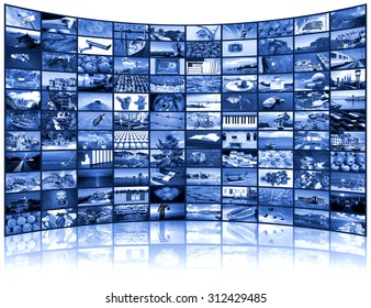 A Variety Of Images As A Big Video Wall Of The TV Screen