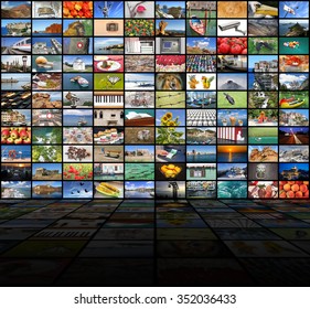 A Variety Of Images As A Big Video Wall Of The TV Screen