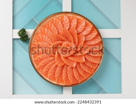 Variety of Japanese food, delicious dishes, salmon sashimi, white background