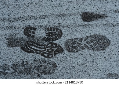 A Variety Of Jogging Shoe Footprints In Freshly Fallen Snow On My Local Bike Path, Ottawa, Ontario, Canada.