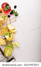 Variety Of Margarita Cocktails With Bartender Tools Overhead Shot With Copyspace