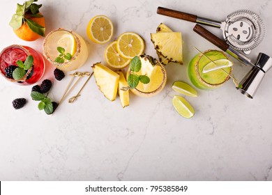 Variety Of Margarita Cocktails With Bartender Tools Overhead Shot With Copyspace