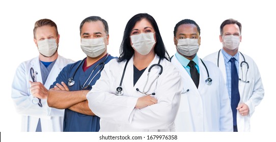 Variety Of Medical Healthcare Workers Wearing Medical Face Masks Amidst The Coronavirus Pandemic.