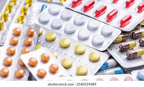 Variety of medicines and drugs.Medicine and healthcare concept.Variety of medicines and drugs.Medicine and healthcare concept.Pill for the prescription and treatment various diseases chemistry