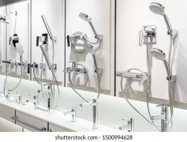 Variety Of Modern Chrome And Silver Metal Shower Heads In The Shop