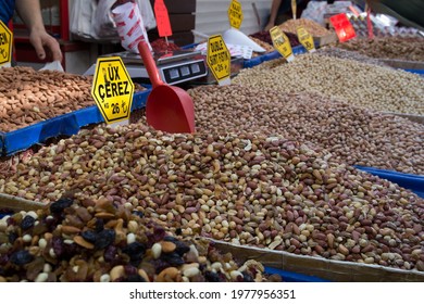 A Variety Of Nuts On Istanbul Street Market With Price Tags