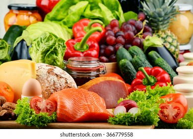 Variety Of Organic Food Including Vegetables Fruit Bread Dairy And Meat. Balanced Diet.