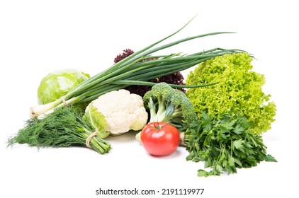 Variety Of Organic Vegetables Cabbages, Tomato And Leafy Greens Isolated On White