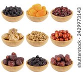 Variety pack of dried fruits in wooden bowls: figs, seedless plums, Jerusalem dates, wild berries, jumbo apricots, Maras grapes, and Medine Mebrun.