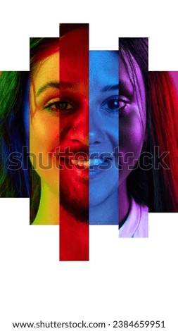 Variety. Portrait made of pieces multiracial male and female people of in multicolored neon filter, lights. Concept of facial expression, human emotions, unifications of nations. Point of view. Ad