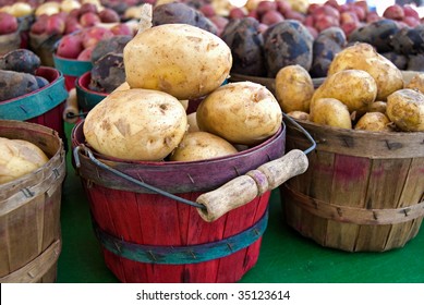 Variety Of Potatoes In Bushel Baskets