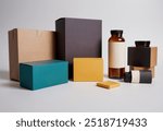 Variety of product packaging including boxes and bottles showcasing modern design concepts. Ideal for branding, packaging, and retail presentations.