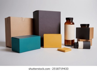 Variety of product packaging including boxes and bottles showcasing modern design concepts. Ideal for branding, packaging, and retail presentations. - Powered by Shutterstock