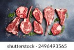 Variety of raw beef meat Prime steaks for grilling with seasoning: Tomahawk steak, Ribeye, T-bone and Ossobuco steak. Meat background.