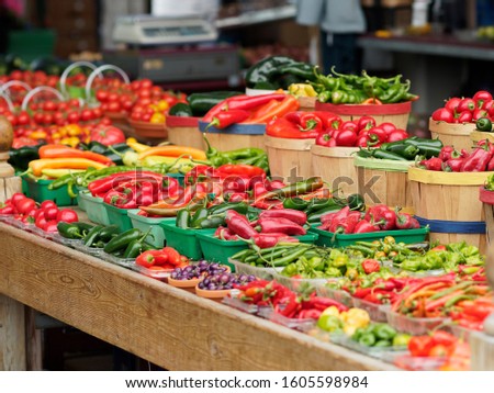 Variety of red and green chili peppers in Jean-Talon Market