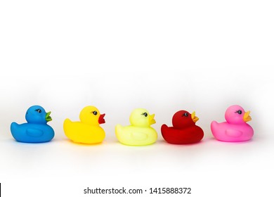 Variety Of Rubber Bath Ducks Isolated Background. Toy Play For Kid Ducky Floating. Front View. 