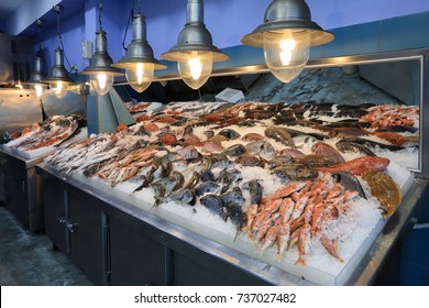Variety of sea fishes on the counter in a greek fish shop.