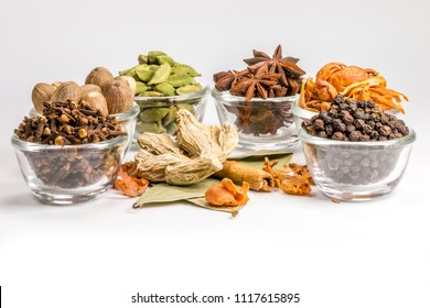 Variety Of Spices In Glass Bowl, Ingredients For Garam Masala, Indian Spice Mix