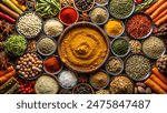 a variety of spices and legumes arranged neatly in bowls and directly on a wooden surface