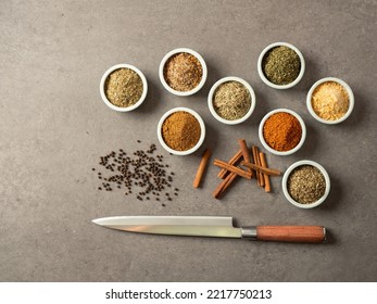 A Variety Of Spices, Seasonings And Sashimi Knife