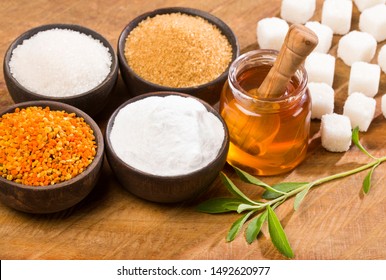 Variety Of Sweeteners - Sugar, Stevia Leaves, Pollen And Honey.