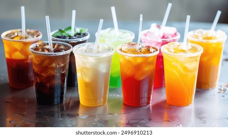 A variety of takeaway drink options, including iced coffee, tea, and juices, in transparent cups with straws. The drinks are colorful and refreshing, appealing to a wide range of tastes. - Powered by Shutterstock