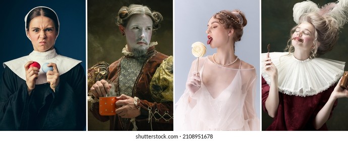 Variety of tastes. Set of young people in image of historical, medieval persons in vintage clothing on dark background. Concept of comparison of eras, modernity. Creative collage. Flyer - Shutterstock ID 2108951678