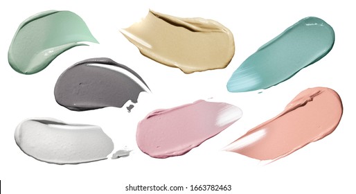 Variety Of Textures Of Clay Mask Cosmetics On A White Background